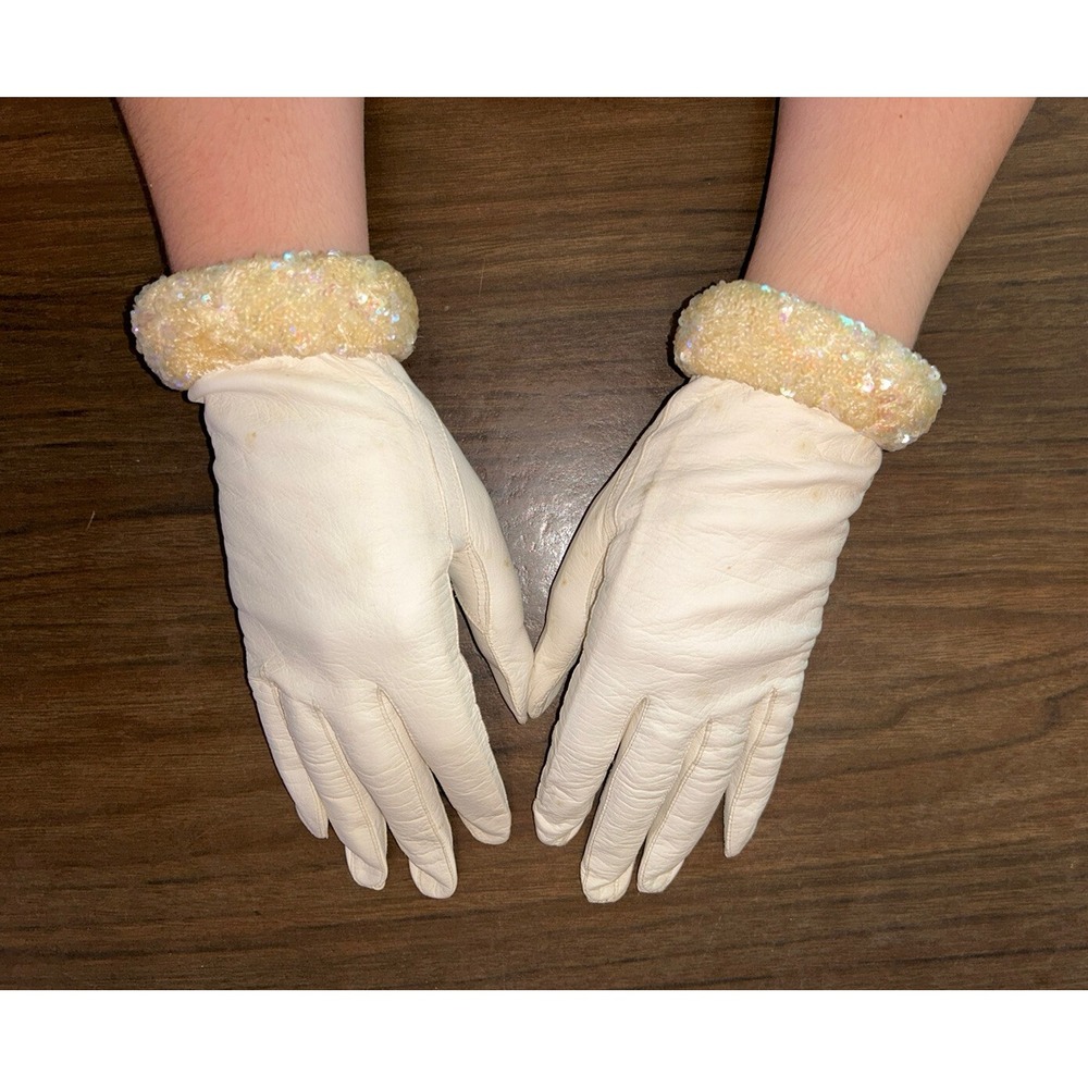 Beautiful Vintage Beige‎ Leather Gloves With Sequins Wrist Size 6 1/2